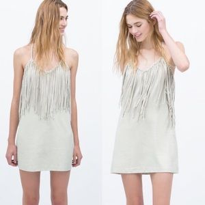 Zara Grey Suede Western Spaghetti Strap Chic Fringe Tassels Mini Dress
